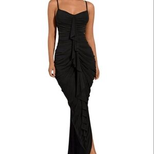 Black Elegant Ruched Maxi Dress Long Sexy Seductive Size Small